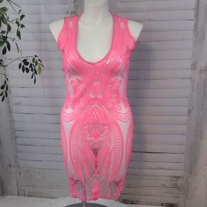 Vibrant Pink Embroidered Bodycon Dress Size L